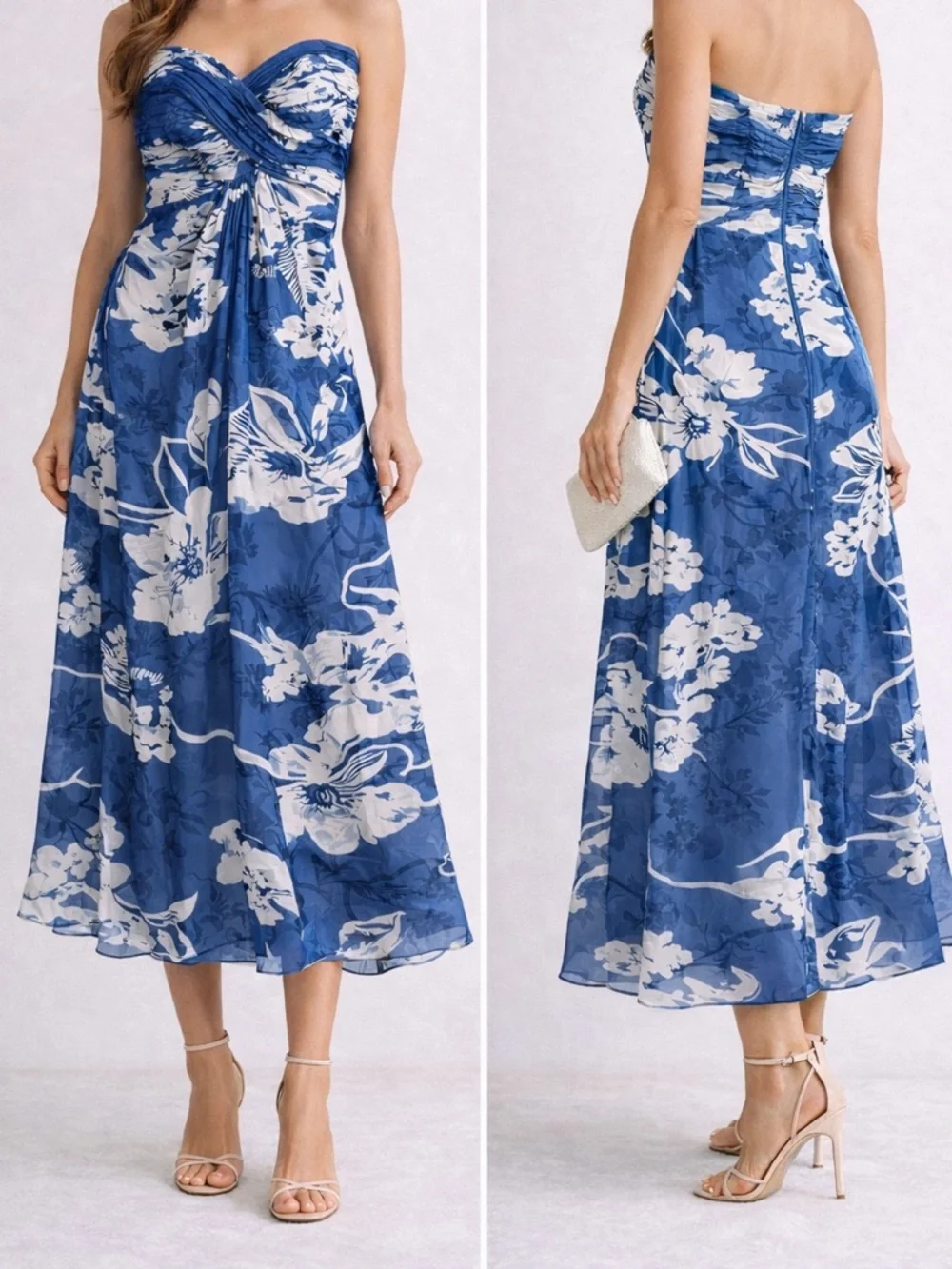 Tadashi Shoji Silk Strapless Floral Midi Dress Blue Pleated Formal 4 - Picture 2 of 13